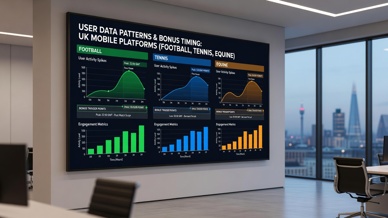 Analytics dashboard displaying user engagement graphs for football, tennis, and horse racing with bonus timing overlays
